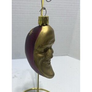 VTG  Hand Painted Crescent Moon Face German Ornament Anthropomorphic Gold Maroon